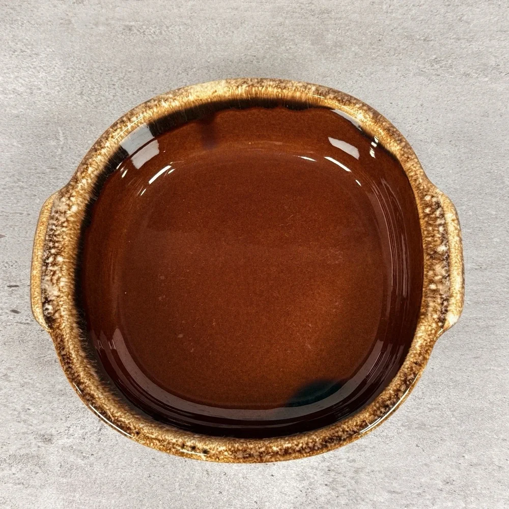 Hull Brown Drip Glaze Round Handled Stoneware Baking Serving Dish Vintage USA 9